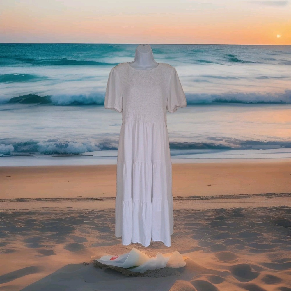 Zesica Maxi Dress White Size XL Tiered Smocked Puffed Sleeves Boho Peasant‎ Vibe